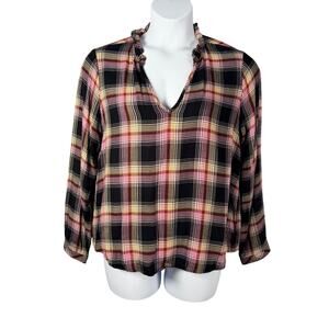 Cloth & Stone for Anthropologie Top Large Soft Flannel Plaid Ruffle Trim Charley
